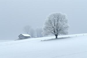The image depicts a snowy field with a tree and a hut in the background photo