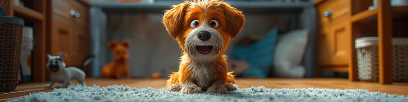 Cartoon dog on a rug in a room, looking at camera photo