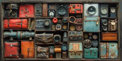 A box filled with many aged items, such as a clock photo