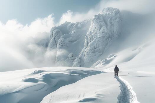 Pixel art of person walking in snowy mountains with cloudy sky photo