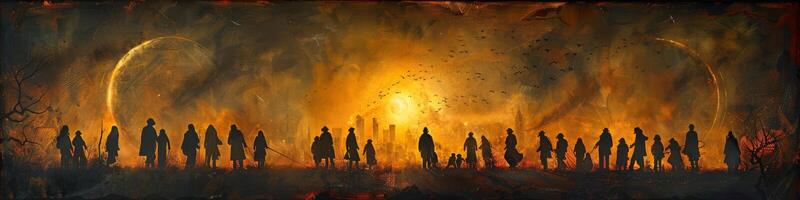 A painting depicting a gathering of individuals positioned in a row photo