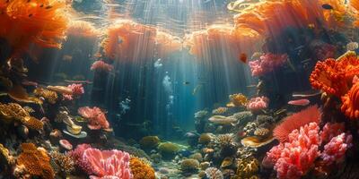 Underwater ecosystem with coral reef and diverse aquatic life photo