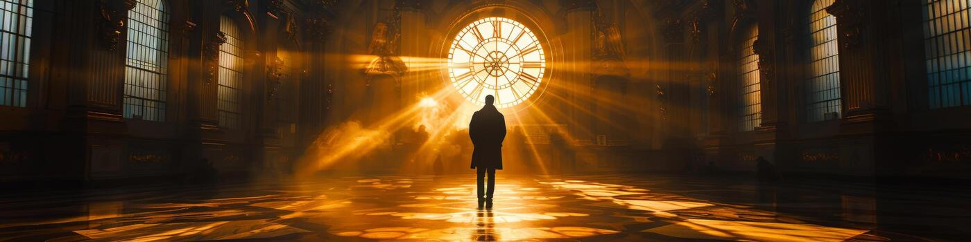 Man in front of a large clock in dark room, lit by car lights photo