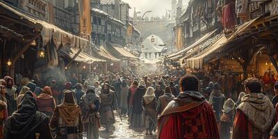 Medieval city, bustling marketplace, vibrant public space photo