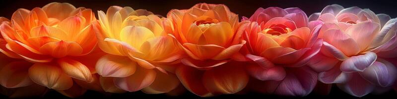 There is a line of orange and pink flowers set against a dark backdrop photo