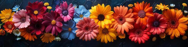 Colorful flowers lined up in a row on dark background photo