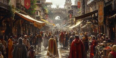 A crowd of people are strolling down a street in a historical town photo