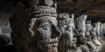 In a cave, there is a line of statues depicting kings wearing crowns photo