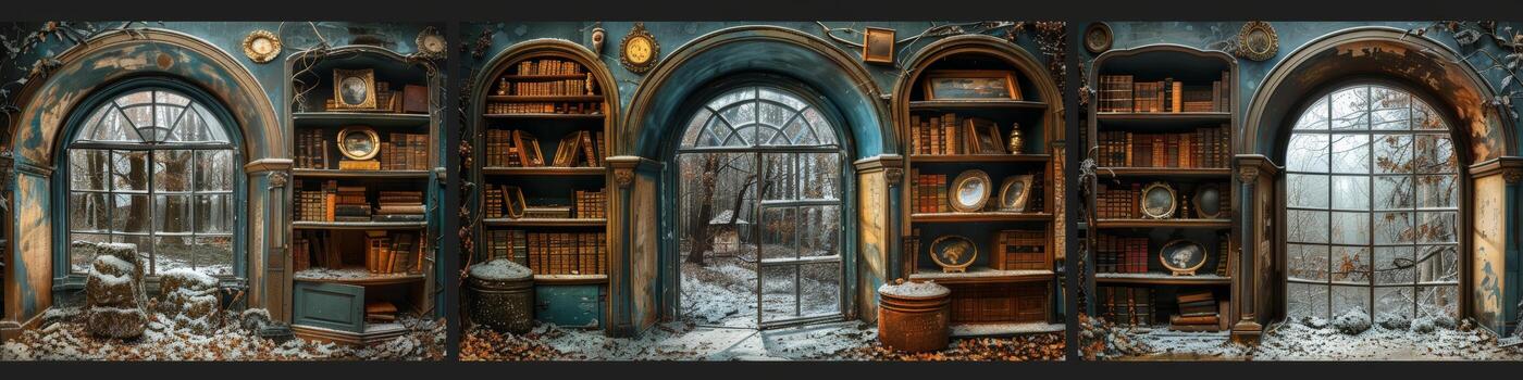 Medieval architecture and art on bookshelves in a room with arched windows photo