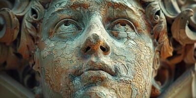 Closeup mans face statue on building with keywords photo
