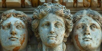 Womans face statue surrounded by various facial features statues photo