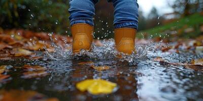 A person in rubber boots is happily jumping into a water puddle outdoors photo