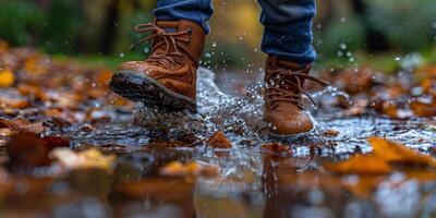 A person in brown boots jumps into a water puddle in nature photo