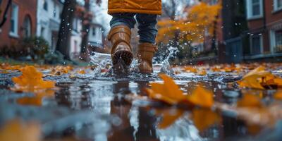 On a rainy day, a child jumps happily in a water puddle photo
