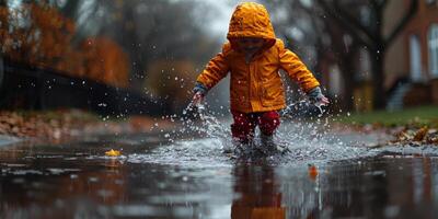A boy in yellow raincoat playing in a puddle, enjoying nature photo