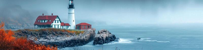 A lighthouse on a cliff overlooks the ocean, a serene and beautiful scene photo
