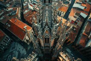 A city seen from above, featuring a prominent central building photo