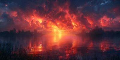 Beautiful sunset over serene lake, suns reflection shimmering on water photo