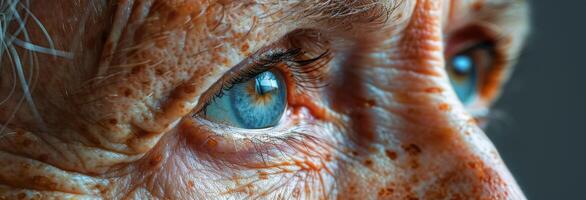 Detailed view of an older womans blue eye adorned with freckles in the image photo