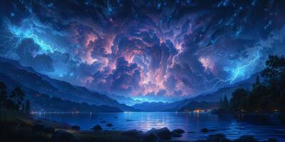 A mountainlake at night with stars keywords water, sky, mountain photo