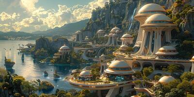 A modern metropolis is encircled with water and lush green vegetation photo