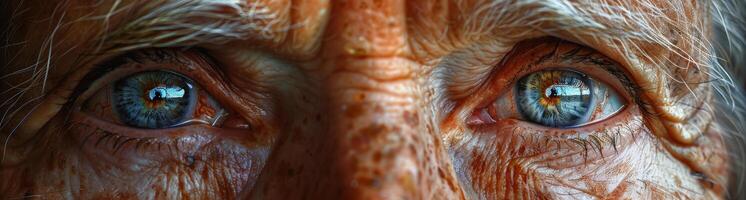 Close up of elderly womans blue eyes with face wrinkles photo