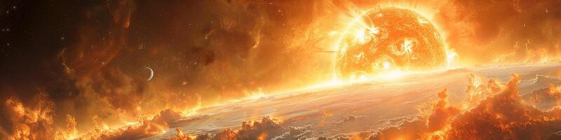 A large sun shines in a galaxy, emitting a warm glow and illuminating space photo