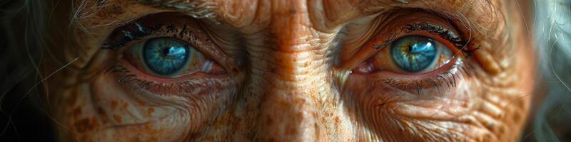 A close up of an elderly womans beautiful blue eyes photo