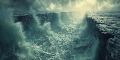 The waves are crashing against the rocky cliff by the ocean photo