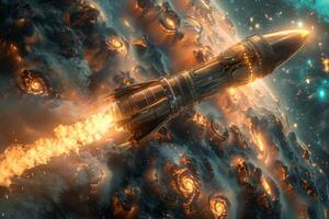 A rocket is soaring through space, flames trailing in the vast expanse photo