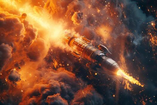 A rocket is soaring amidst the cloudy expanse of outer space photo