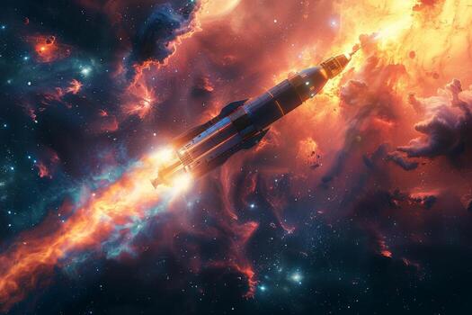 A space ship navigates through a colorful nebula in the vast expanse of space photo