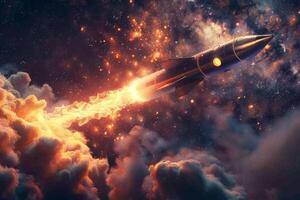 A rocket is soaring through the cloudy expanse of outer space photo