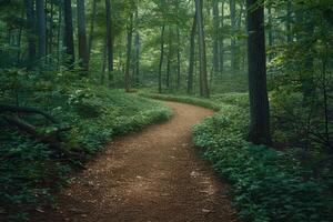 A dirt path in thick forest surrounded by trees, plants, grass photo