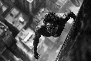 In the image, a man is depicted climbing a wall, shot in black and white photo