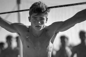 Man in boxing ring without shirt, arms outstretched photo