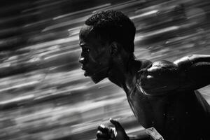 Shirtless man running under cloudy sky, evoking happiness, fun, and contrast photo