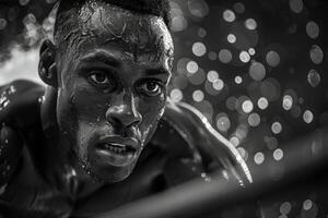 A man with sweat on his face in a black and white photograph photo