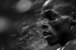 A man in black and white, sweat on his face, captured in a photograph photo