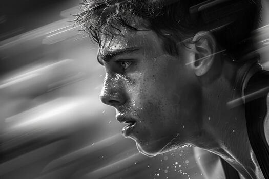 In the image, a man is depicted sweating in a black and white photograph photo