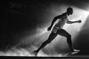 A black and white photograph captures a man running under the rain photo