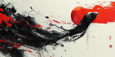 Painting of a wave with a red sun in the background photo