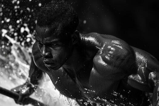 Black and white photo of a man swimming with relevant keywords