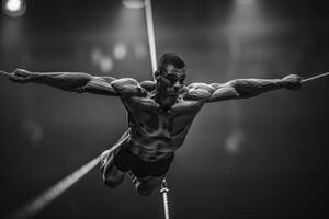 A black and white photo showing a man balancing on a tightrope