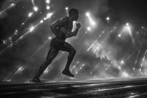 Man running in rain, blackandwhite photo with flash, sporty style