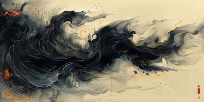 Painting with Chinese characters representing elements of nature and art photo
