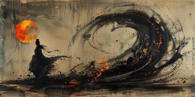 Figure faces giant wave, merging art, shades, nature into powerful scene photo