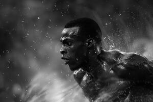 A monochrome image of a man in the water under the sky photo