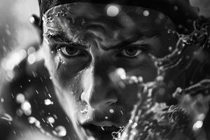 Blackandwhite closeup image of a persons face with splashing water photo