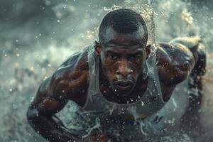 A man wearing a tank top is exercising by doing push ups in the water photo